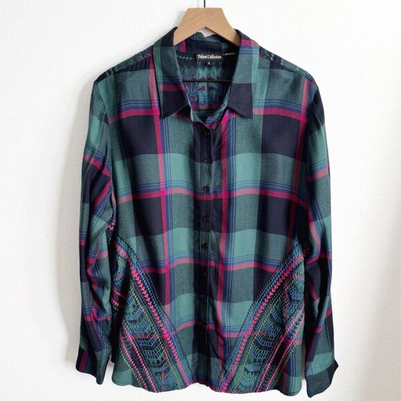 Tolani Collection Top‎ Womens Large Green Button Up Flannel Embroidered Boho - Picture 1 of 16